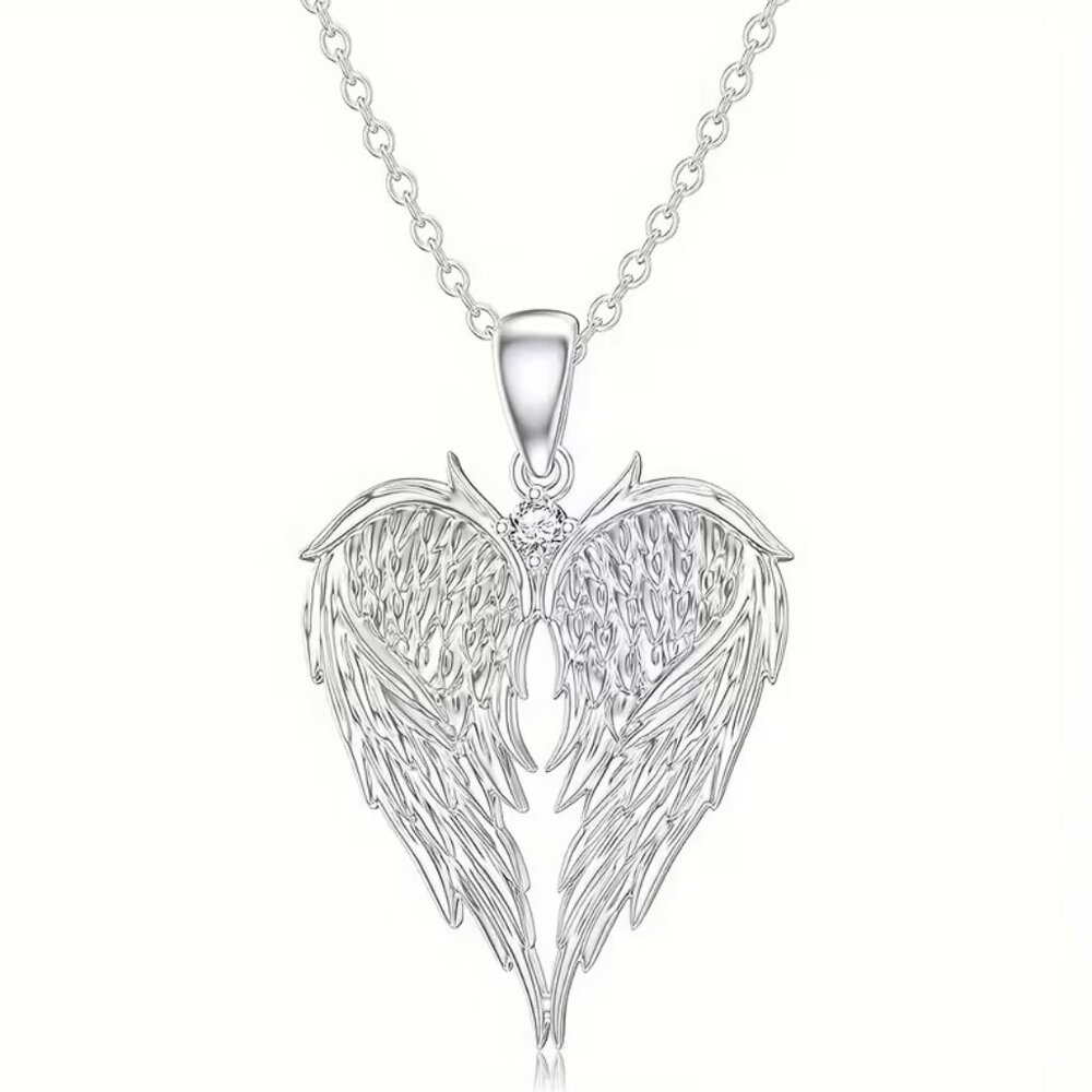 Angel Wings Heart Shaped Silver Toned Pendant Necklace